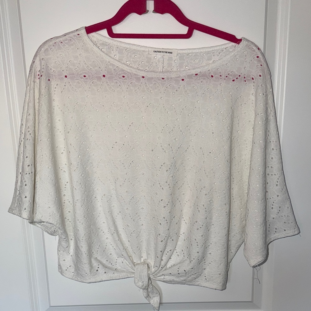 Caution To The Wind White Eyelet Tie-Front Blouse